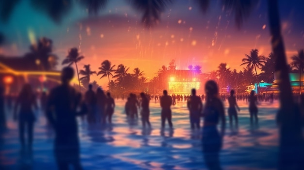 Festa notturna in spiaggia con una folla di persone che si divertono.