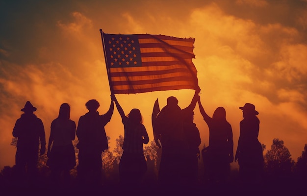 Festa patriottica Silhouette di persone che tengono la bandiera degli Stati Uniti d'America celebrano il 4 luglio Generative Ai