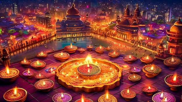 Festa religiosa Diwali che brucia olio in lampade di argilla realizzate con l'IA generativa