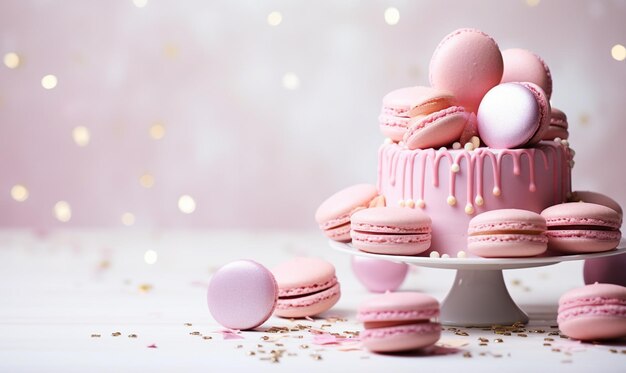 Festa rosa di compleanno di San Valentino. Palloncini di torta, macaroni isolati su sfondo bianco.