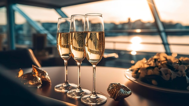 Festa serale di lusso su uno yacht da crociera con un'ambientazione di champagne Bicchieri di champagne e bottiglie di champagne con yacht bokeh sullo sfondo nessuno AI Generativo