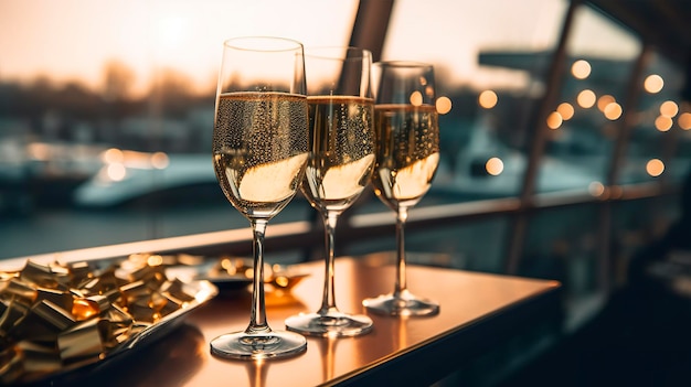 Festa serale di lusso su uno yacht da crociera con un'ambientazione di champagne Bicchieri di champagne e bottiglie di champagne con yacht bokeh sullo sfondo nessuno AI Generativo