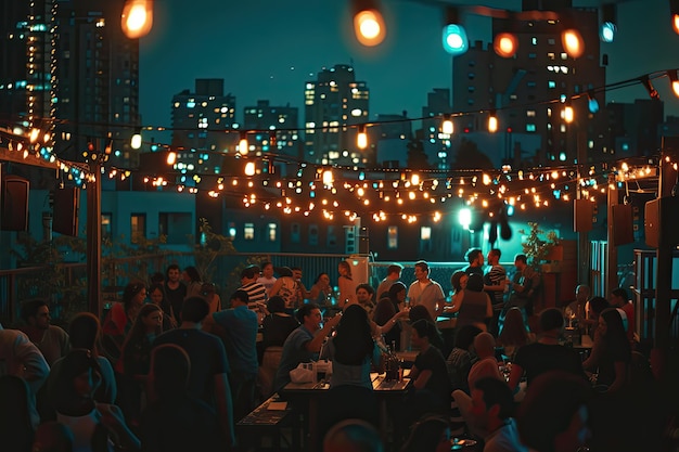 Festa vivace su un tetto con luci di fate scintillanti