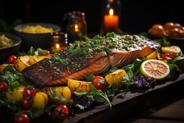 Festa vivace, verdure colorate con salmone alla griglia e risotto cremoso su un tavolo rustico IA generativo