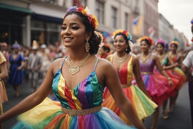 Feste colombiane Un gruppo di ballerini sta ballando in una parata uno di loro ha un vestito arcobaleno