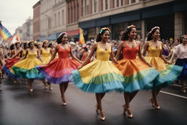 Feste colombiane Un gruppo di ballerini sta ballando in una parata uno di loro ha un vestito arcobaleno