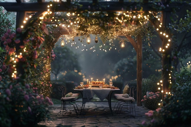 Feste incantevoli in giardino con luci di fate