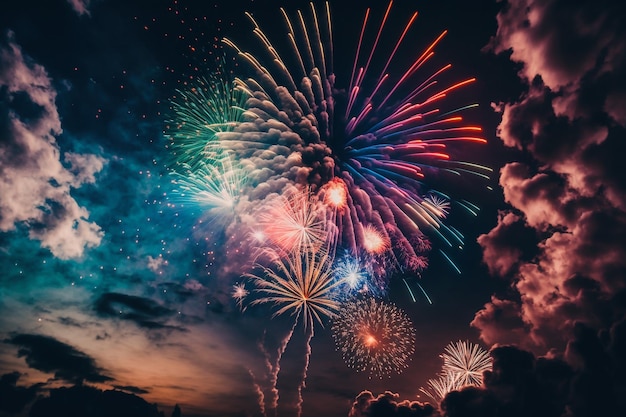 Festeggia i fuochi d'artificio colorati festivi notturni AI generativa