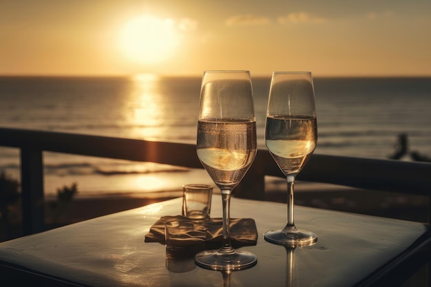 Festeggia l'amore e la felicità con un brindisi con champagne durante un tramonto dorato AI Generative