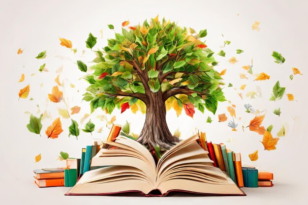 Festeggia la Giornata internazionale dell'alfabetizzazione Un concetto vivace con un albero adornato con libri colorati