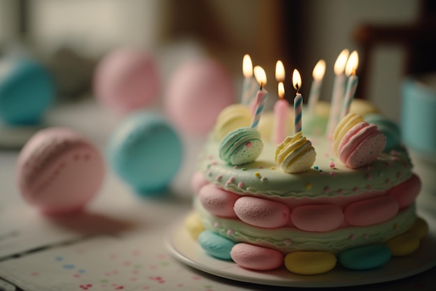 Festeggia la torta di compleanno con l'illustrazione della luce scarsa delle candele AI generativa