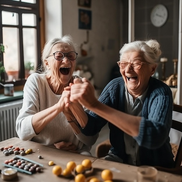 Festeggia le donne anziane e la vittoria del gioco da tavolo e la celebrazione eccitata con giochi e pensionamento