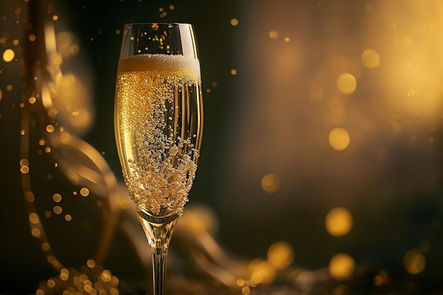 Festeggia lo champagne gassato con bolle di vacanza in bicchieri e sfondo con luci gialle bokeh IA generativa