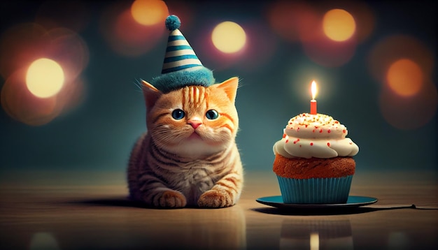 Festeggiando con un simpatico gattino e cupcakes di compleanno AI generativa