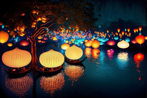 Festival delle lanterne di fantasia surreale lanterne colorate che si illuminano intensamente sulla rete neurale della superficie del fiume notturno generata dall'arte