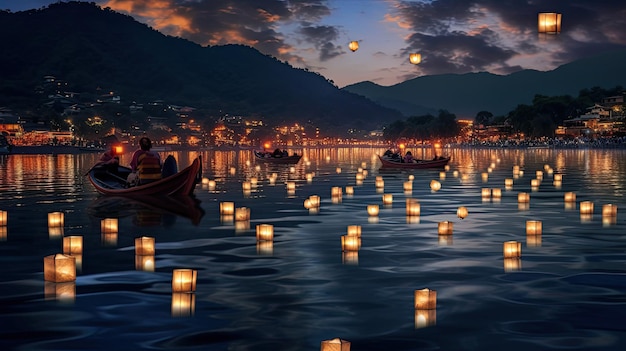 Festival delle lanterne galleggianti in un lago tranquillo