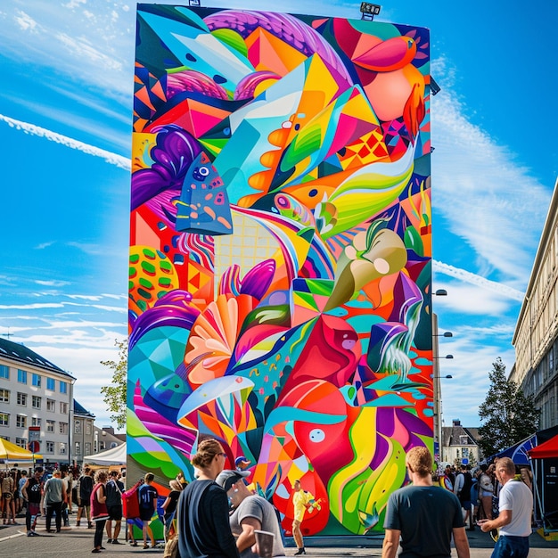 Festival di arte di strada colorata nella città estiva Murale vibrante e persone