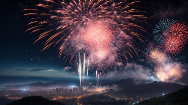 festival di fuochi d'artificio in cima alla montagna di notte grande esplosione di fuochi d'artificio colorati il momento migliore