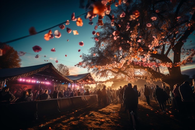 Festival di musica all'aperto colorato di notte con persone che ballano e confetti che cadono dal cielo