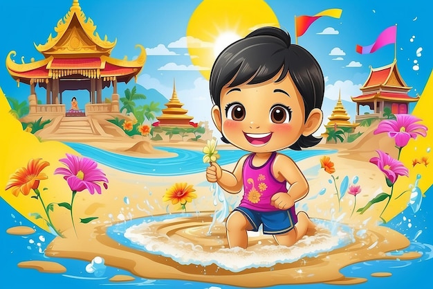 Festival di Songkran in Thailandia Fiori thailandesi con un bambino che gioca acqua spruzzando il sorriso del sole