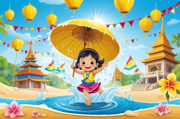 Festival di Songkran in Thailandia Fiori thailandesi con un bambino che gioca acqua spruzzando il sorriso del sole