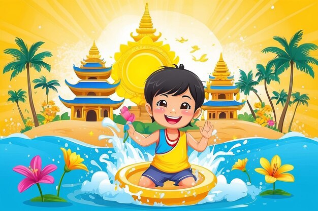 Festival di Songkran in Thailandia Fiori thailandesi con un bambino che gioca acqua spruzzando il sorriso del sole