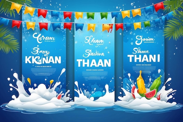 Festival di Songkran in Thailandia quest'estate banner disegnati su sfondo blu spruzzato d'acqua