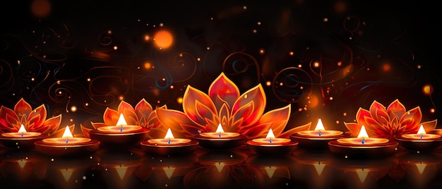 Festival Diwali Lampade a olio Diya e fiori di loto su sfondo scuro Spazio per il testo