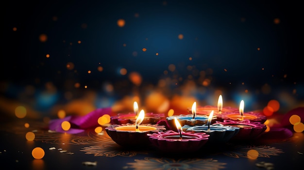 Festival indiano Diwali Diya Lampade a olio accese su colorati rangoli tradizionali indù Happy Deepavali