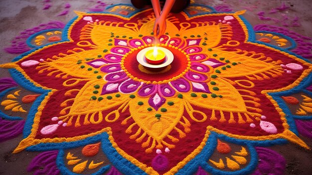 Festival indiano Diwali Lampade a olio Diwali accese su rangoli colorati