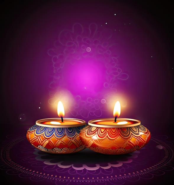 Festival indiano Happy Diwali holiday design di Rangoli indiano e lampada a olio diya appesa