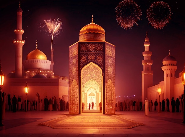 Festival islamico Ramadan Kareem Eid Mubarak lampada reale elegante con porta sacra della moschea