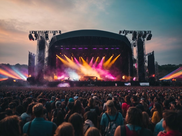 Festival musicali grandi palchi e luci luminose notti cinematografiche pubblico incredibile