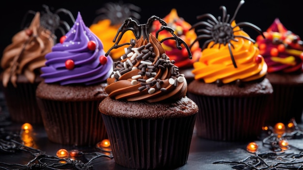 Festive cupcakes e dolcetti di Halloween decorati con spruzzi e caramelle illustrazione generata da AI