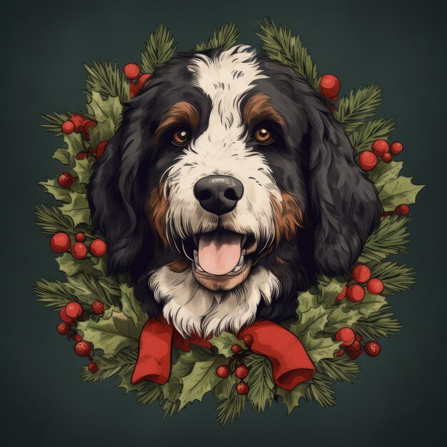 Festive Furry Friend Charming Bernedoodle Illustrazione in stile carta di Natale Vintage