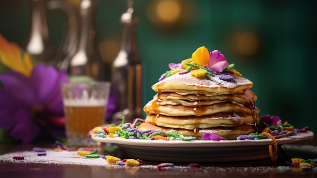 Festive pancake di Mardi Gras coperte di sciroppo d'oro e perle colorate AI Content generato