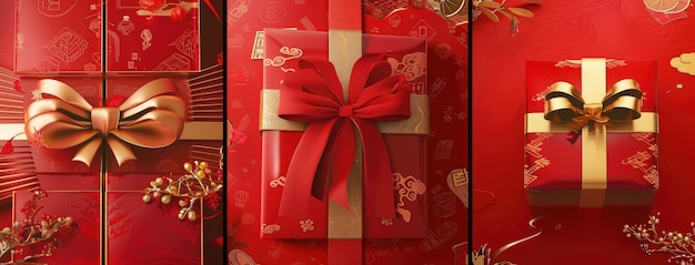 Festive scatole regalo rosse e dorate con eleganti nastri
