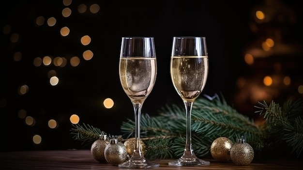 Festivi due bicchieri di champagne su uno sfondo bokeh sfocato AI generato