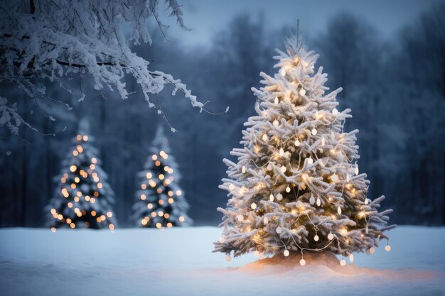 Festivo albero di Natale all'aperto coperto di neve e adornato di luci