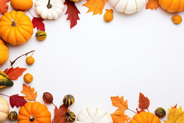 Festosa decorazione autunnale su sfondo di legno bianco che simboleggia il Ringraziamento o la composizione autunnale di Halloween