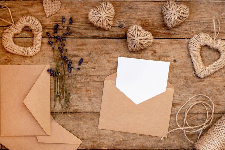 Festosa laici piatta per il giorno di San Valentino dalla decorazione fai da te. Cuori di iuta, fiori di lavanda, busta di carta artigianale. Concetto di San Valentino a rifiuti zero e mock up.