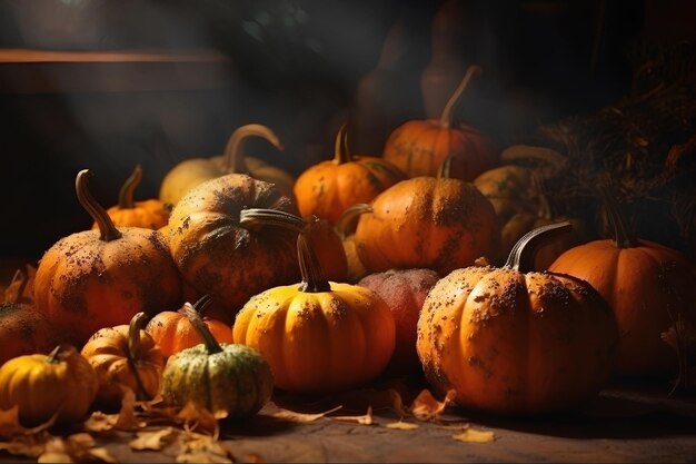 Festosa natura morta autunnale con zucche Concetto di raccolto autunnale Giorno del Ringraziamento o Halloween