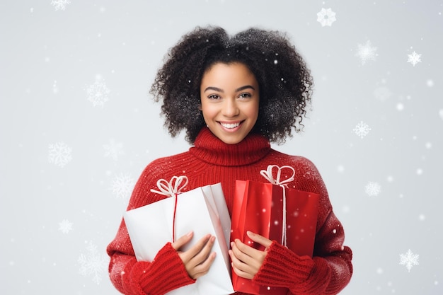 Festosa Shopper Lady in maglione rosso di Natale con sacchetti regalo su tela bianca come la neve