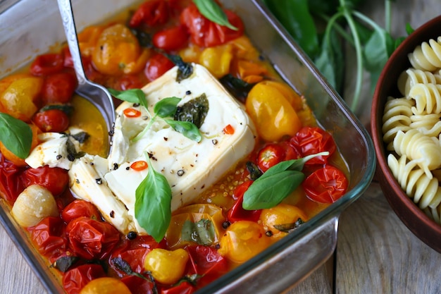 Feta al forno con pomodori e spezie. Ricetta pasta di pomodoro feta.