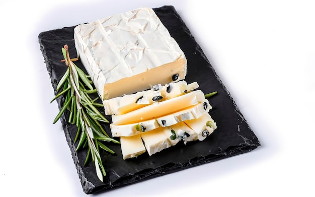 Feta di formaggio greco con rosmarino e olive isolato su sfondo bianco