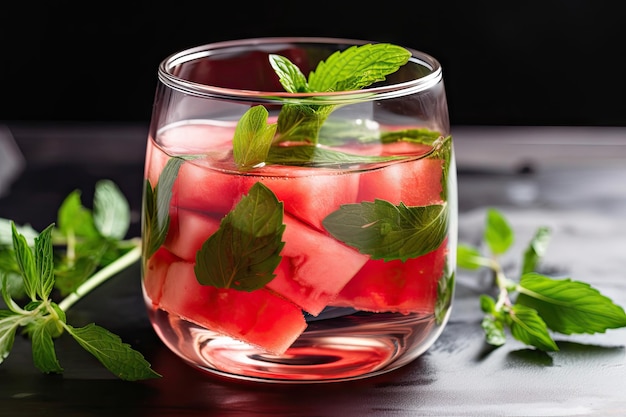 Fetta di anguria in acqua infusa di frutta con foglie di menta galleggianti create con intelligenza artificiale generativa