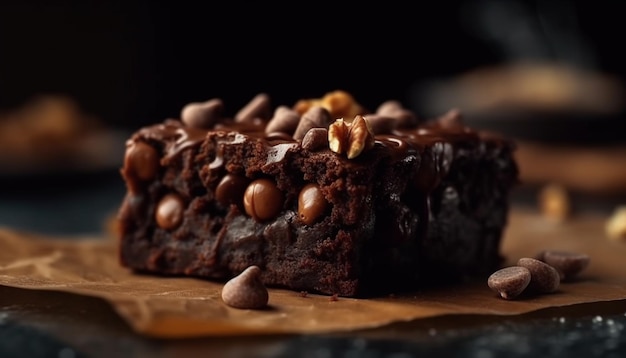 Fetta di brownie al cioccolato fondente fatta in casa su legno generato dall'intelligenza artificiale