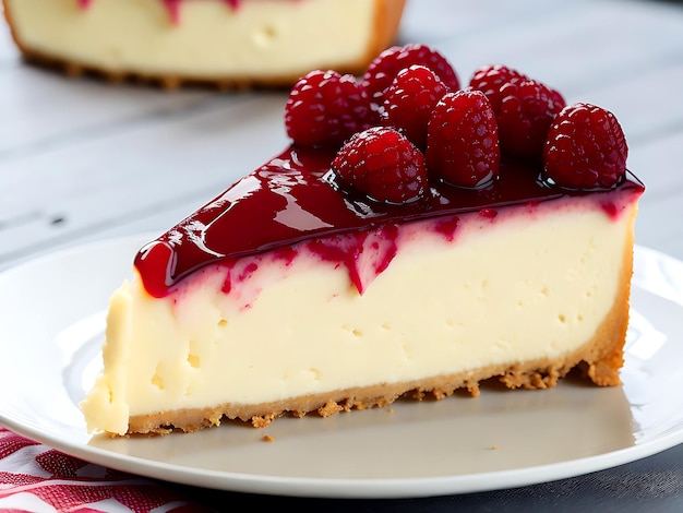 fetta di cheesecake con marmellata di lamponi freschi, mirtilli e menta su sfondo di marmo vista dall'alto