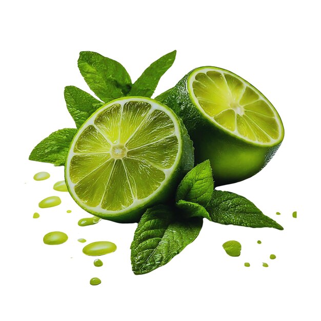 Fetta di lime con foglie di menta su uno sfondo bianco