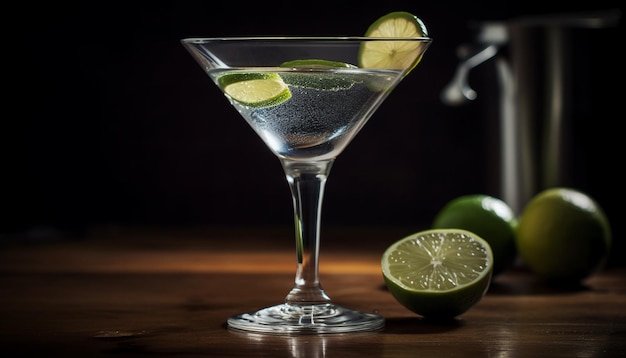 Fetta di lime fresco in un bicchiere di martini bagnato con ghiaccio generato dall'AI